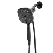 Matte black square handheld shower head with 5-inch diameter spray face and adjustable control dial, mounted on wall bracket.