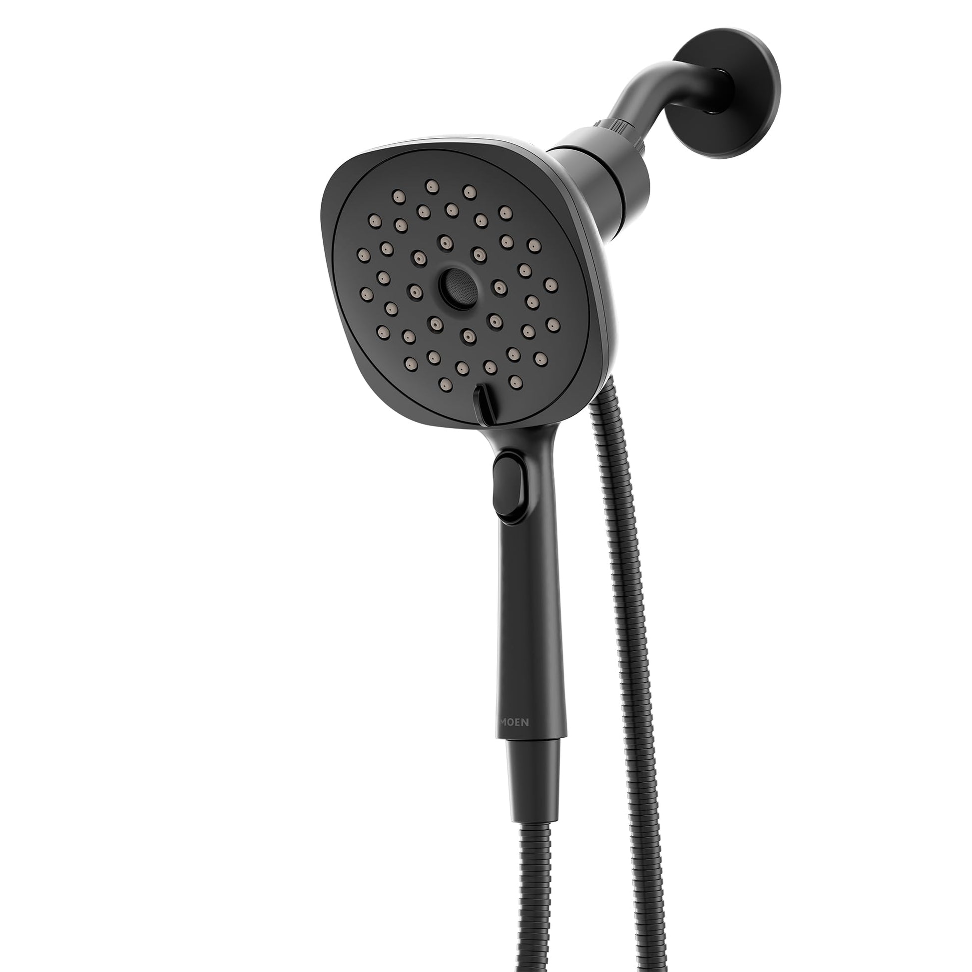Matte black square handheld shower head with 5-inch diameter spray face and adjustable control dial, mounted on wall bracket.