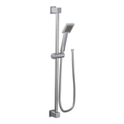 Chrome handheld shower with square head, vertical slide bar, adjustable bracket, and coiled metal hose.