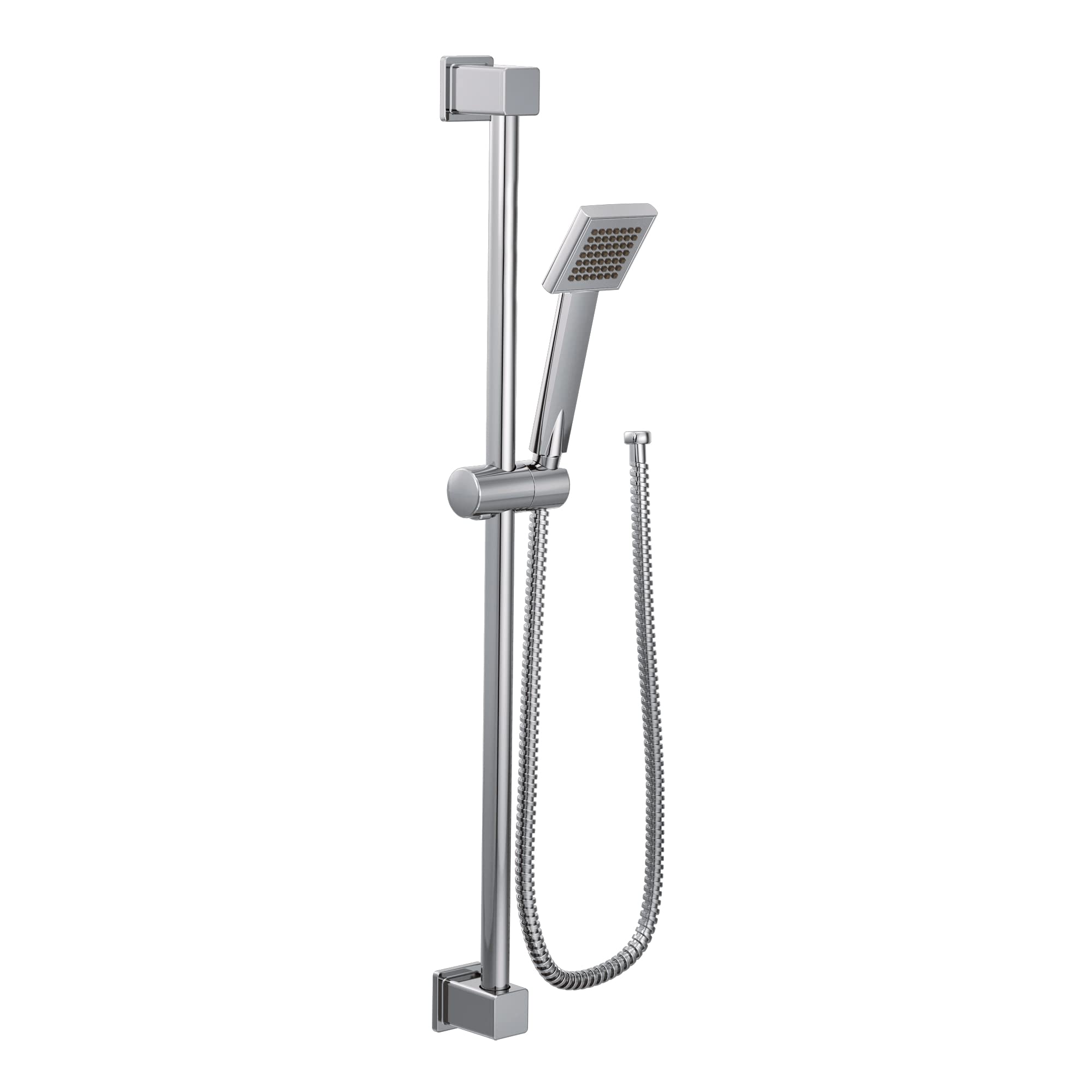 Chrome handheld shower with square head, vertical slide bar, adjustable bracket, and coiled metal hose.
