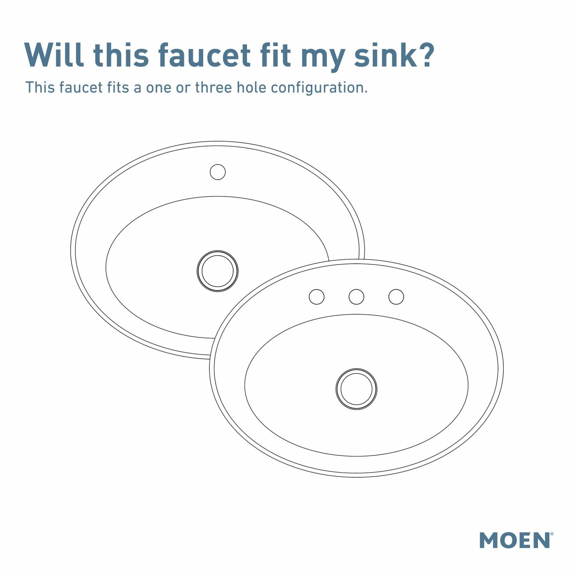 Diagram showing sink configurations with one hole and three hole options for faucet installation.