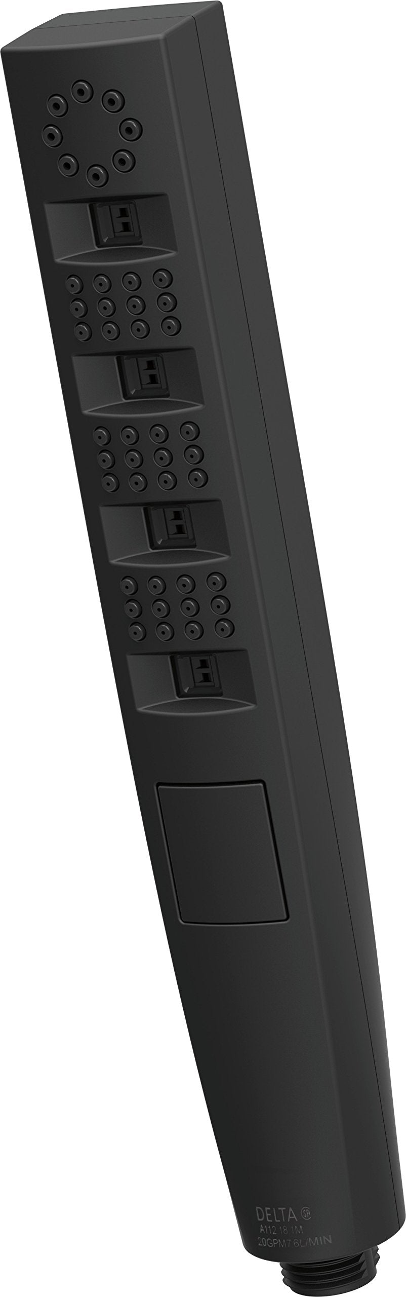 Black Delta hand shower with multiple spray holes arranged in four sections and control buttons on the body.