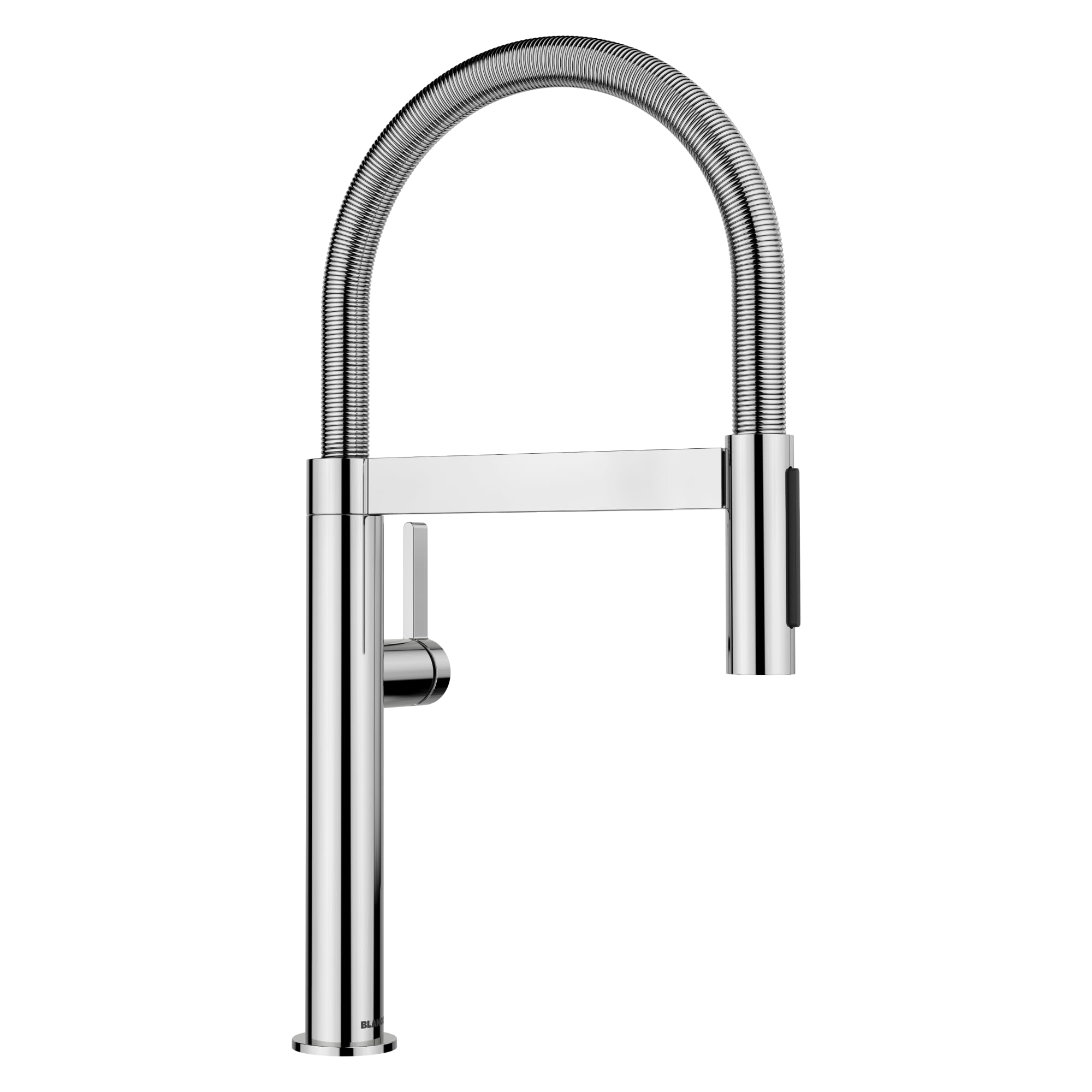 Chrome pull-down kitchen faucet with flexible hose and single lever handle.