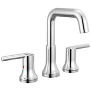 Chrome two-handle widespread bathroom faucet with curved spout and lever handles.