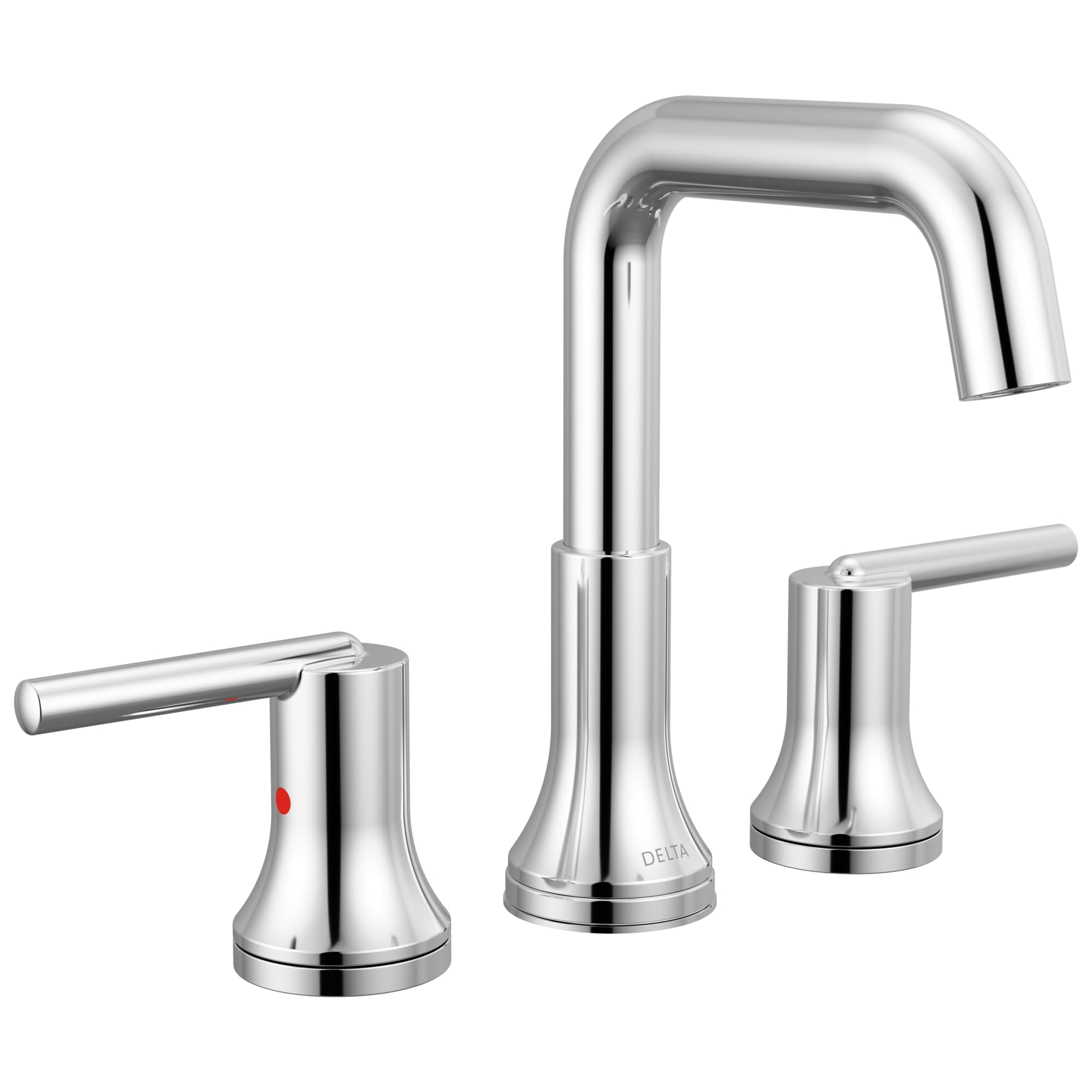 Chrome two-handle widespread bathroom faucet with curved spout and lever handles.