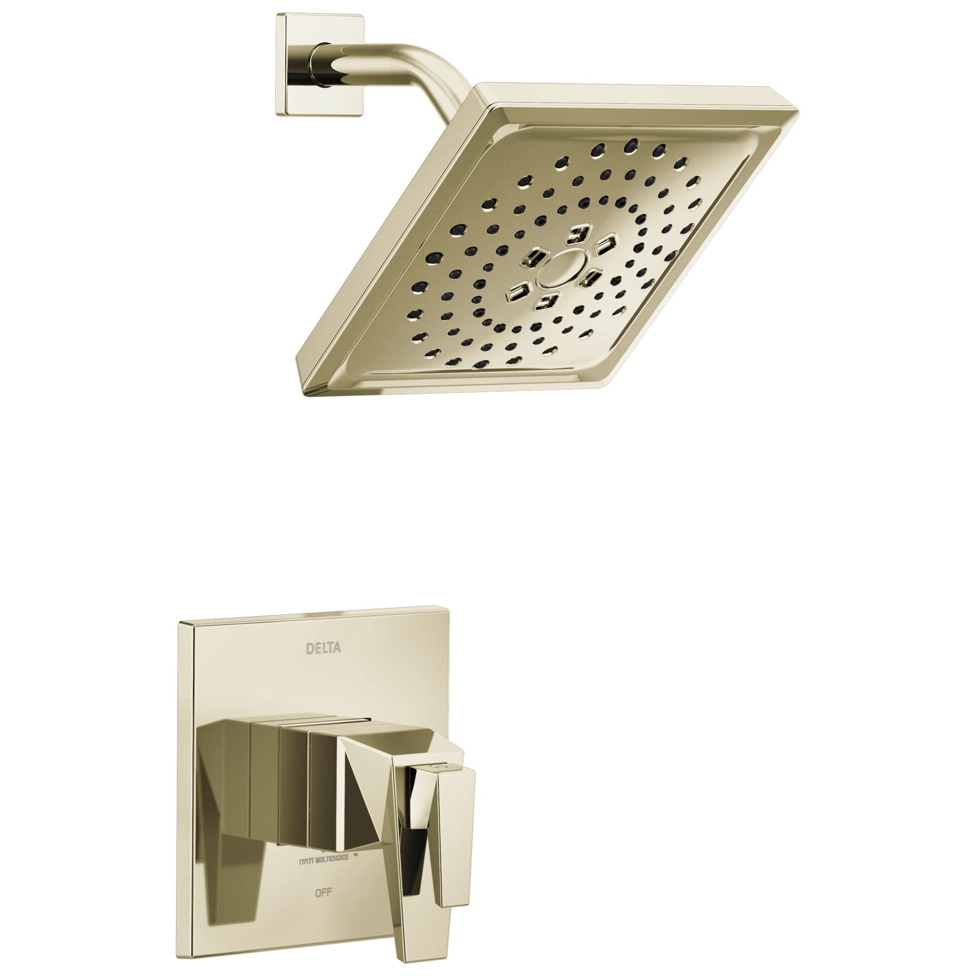Champagne brass square showerhead with arm and matching valve trim with single lever handle.