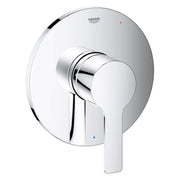 Chrome pressure balance valve trim with round escutcheon plate, cylindrical handle, and Grohe branding.