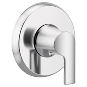 Chrome single-handle shower valve trim with round escutcheon plate and lever handle in Doux design.