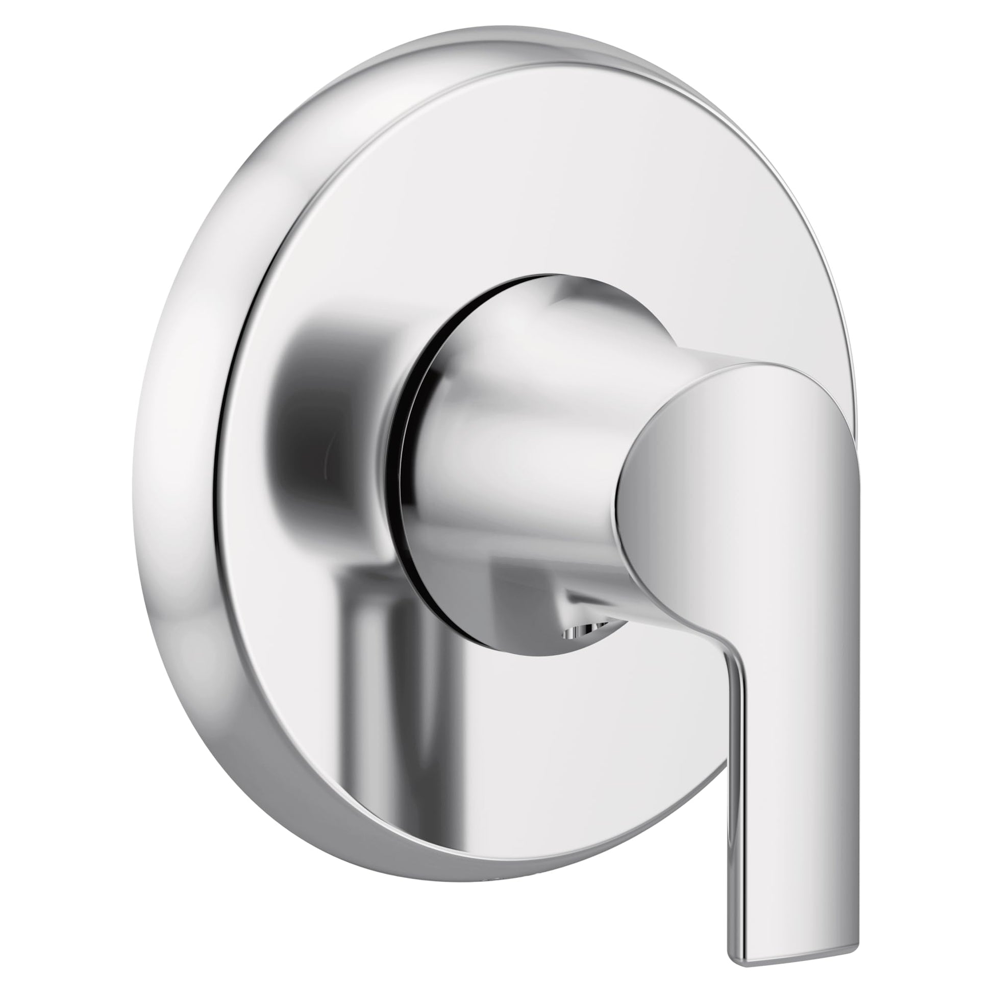 Chrome single-handle shower valve trim with round escutcheon plate and lever handle in Doux design.