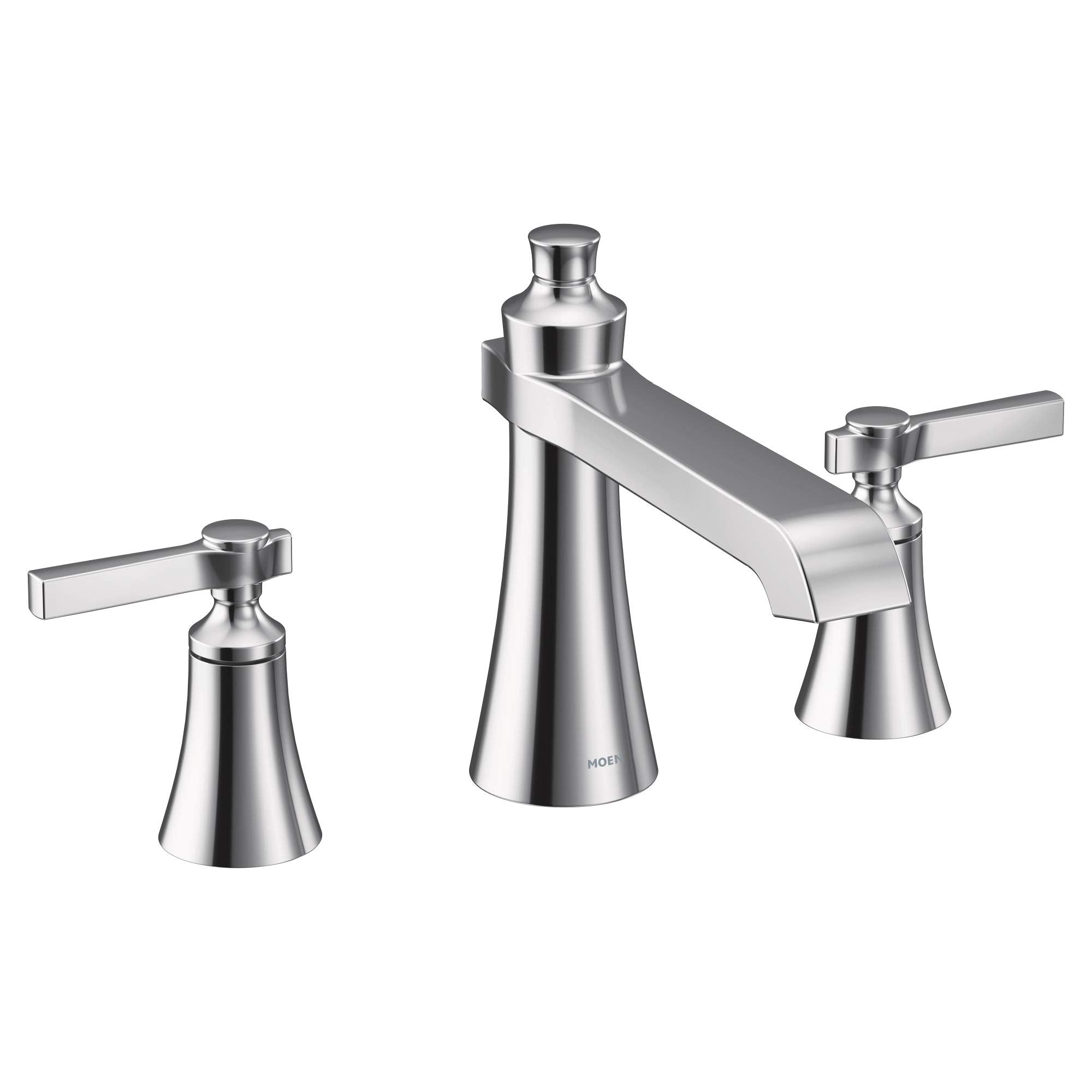 Chrome roman tub faucet with two lever handles and tapered cone spout, deck mount configuration.