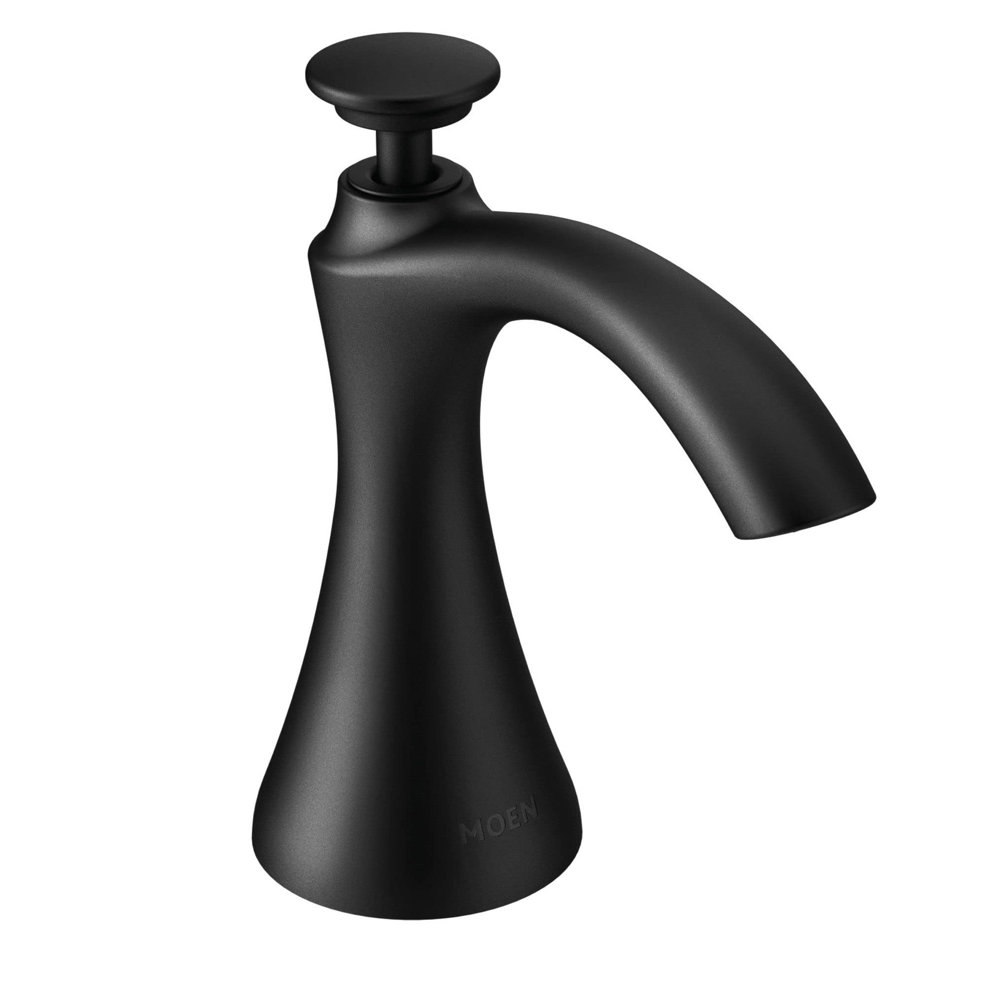 Black deck-mounted kitchen soap dispenser with curved spout and push-button pump head.