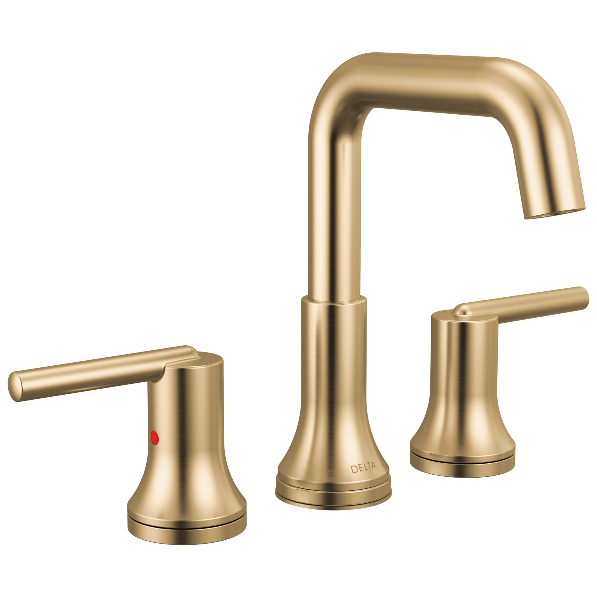 Champagne bronze two-handle widespread bathroom faucet with curved spout and lever handles.