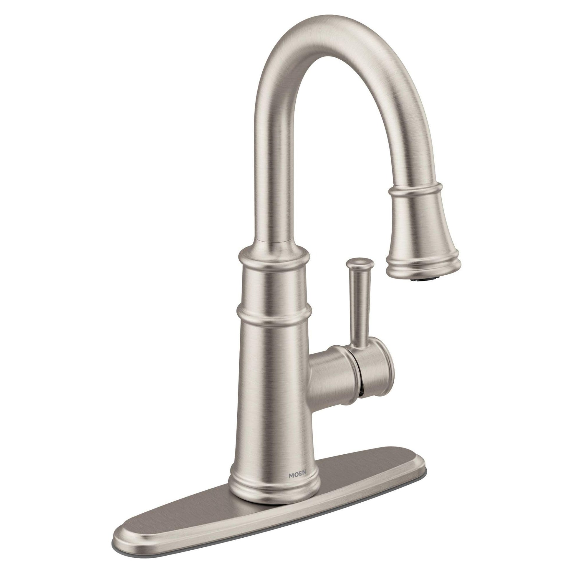 Stainless steel pulldown bar faucet with curved spout and single handle control on rectangular base.