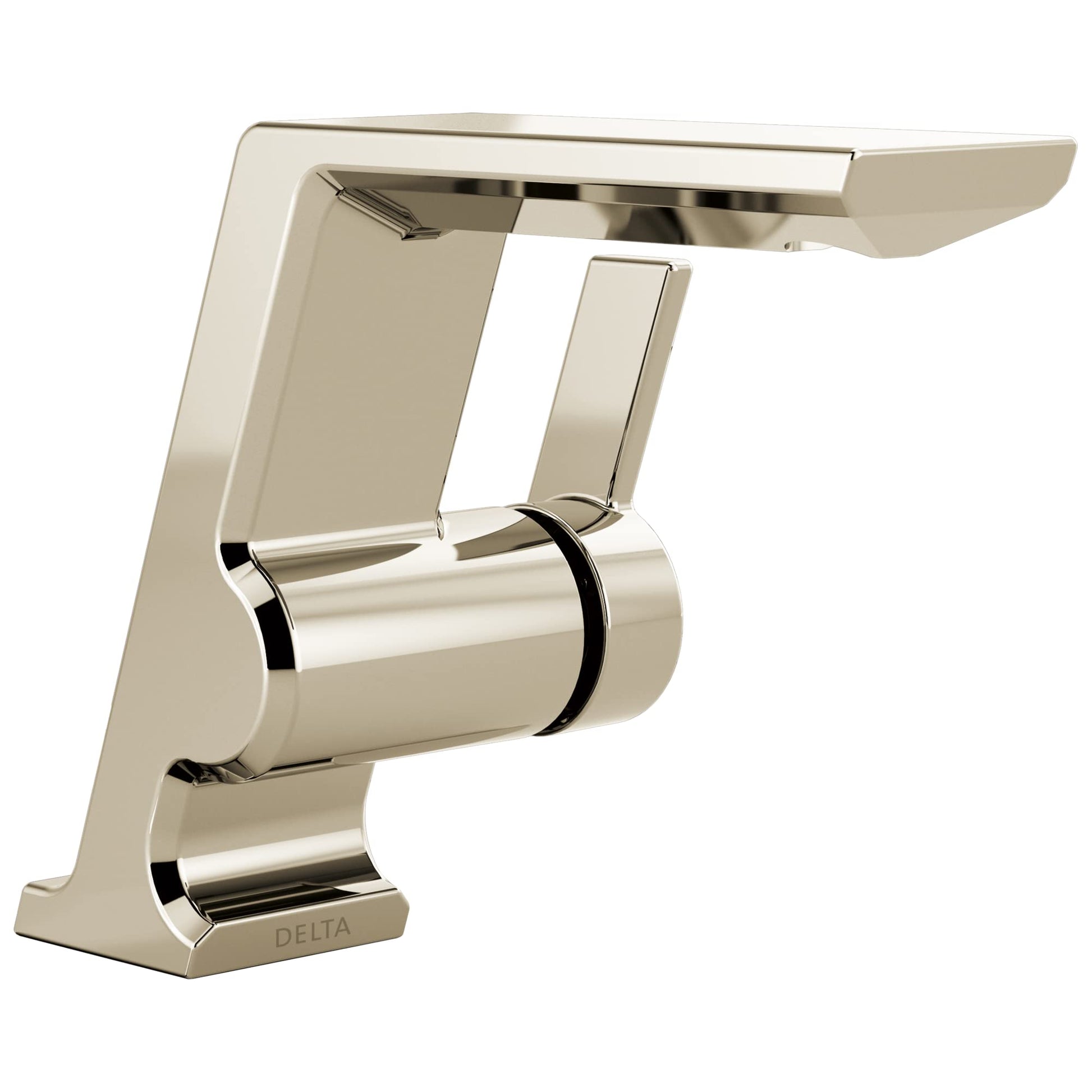 Chrome single-handle bathroom faucet with angular modern design and rectangular spout in polished nickel finish.