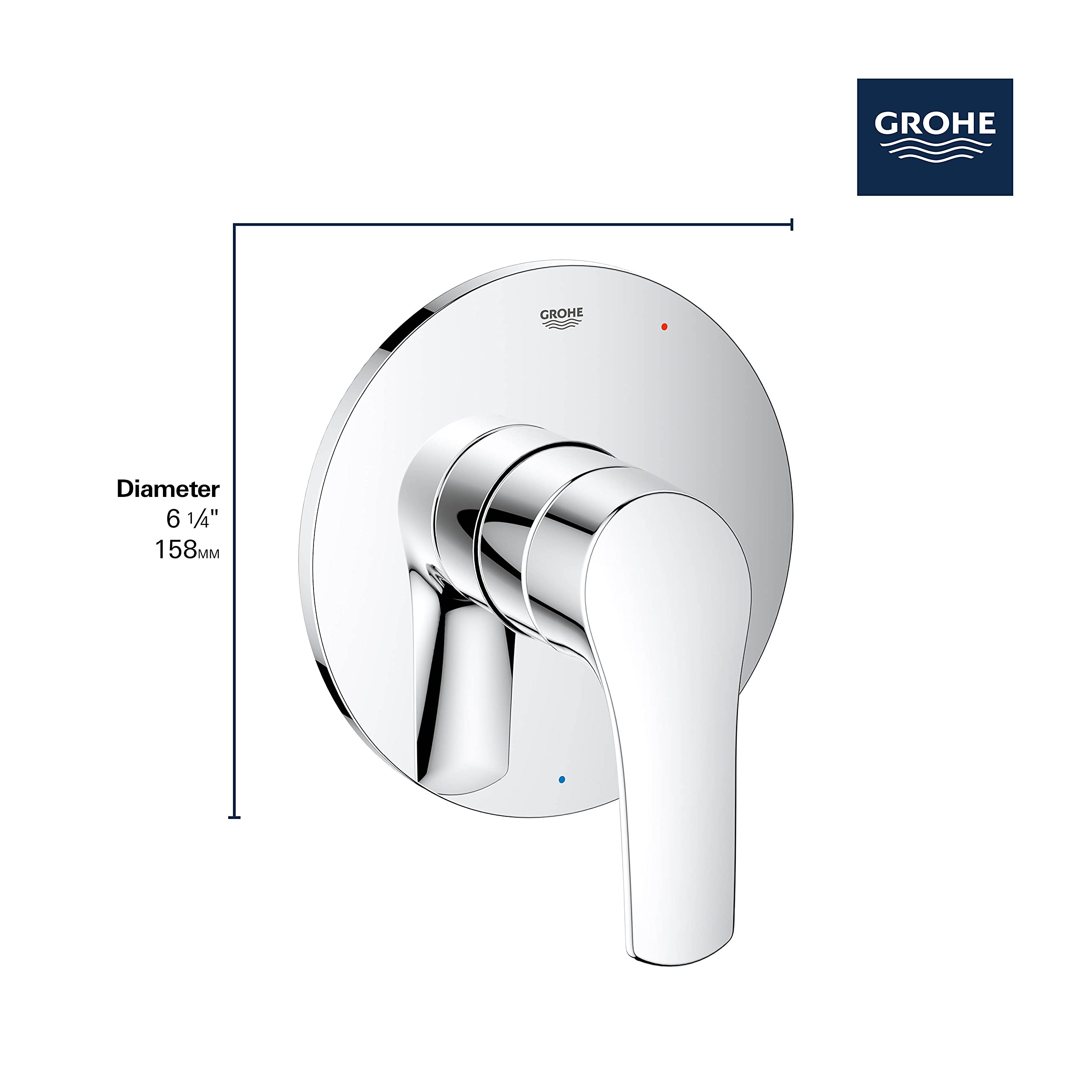 Chrome pressure balance valve trim with single lever handle and round escutcheon plate.