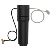Black cylindrical water filtration system with black inlet tubing, gray outlet tubing, and brass connector valve.