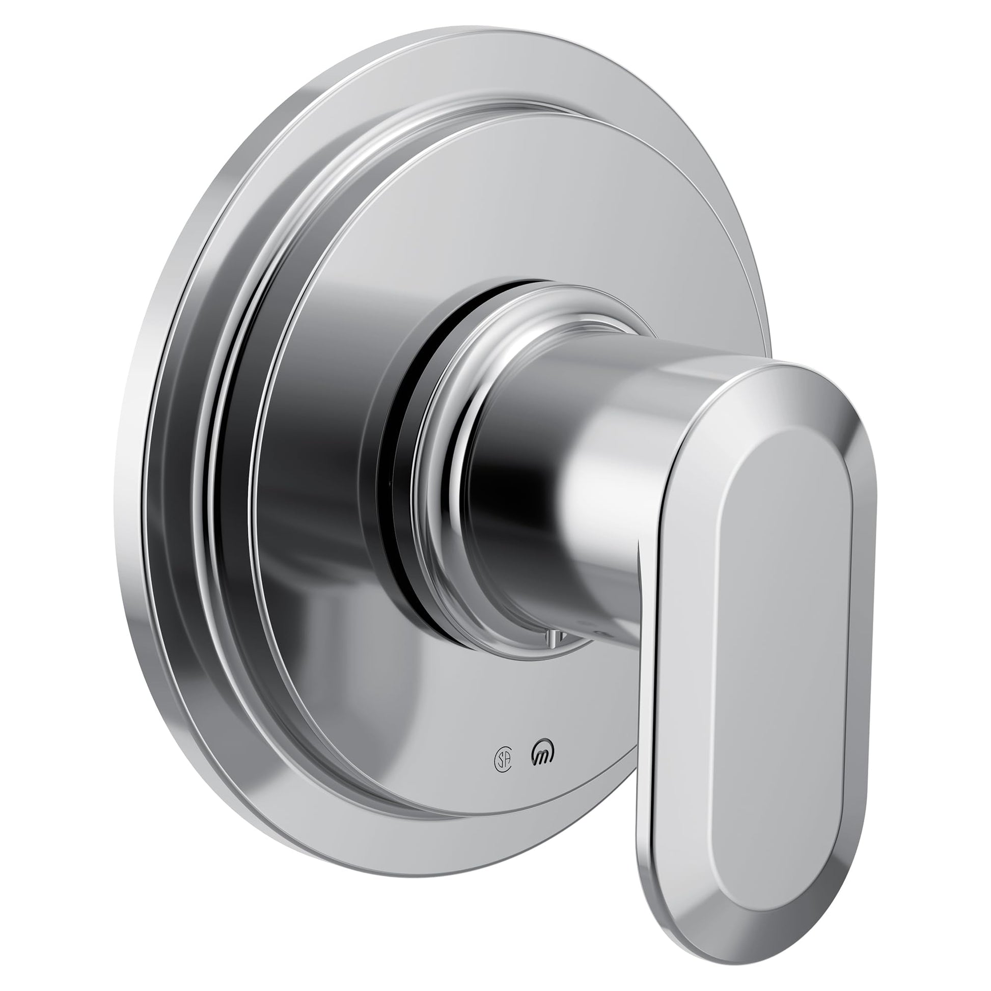 Chrome shower valve trim with circular escutcheon plate and single lever handle control.