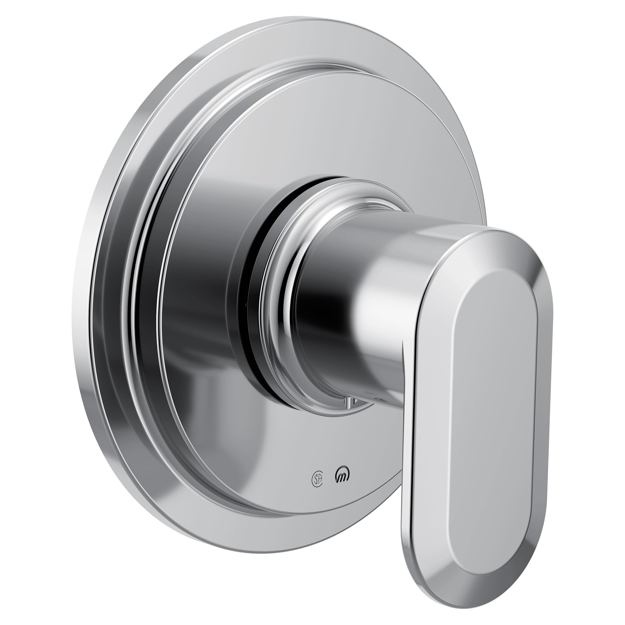 Chrome shower valve trim with circular escutcheon plate and single lever handle control.