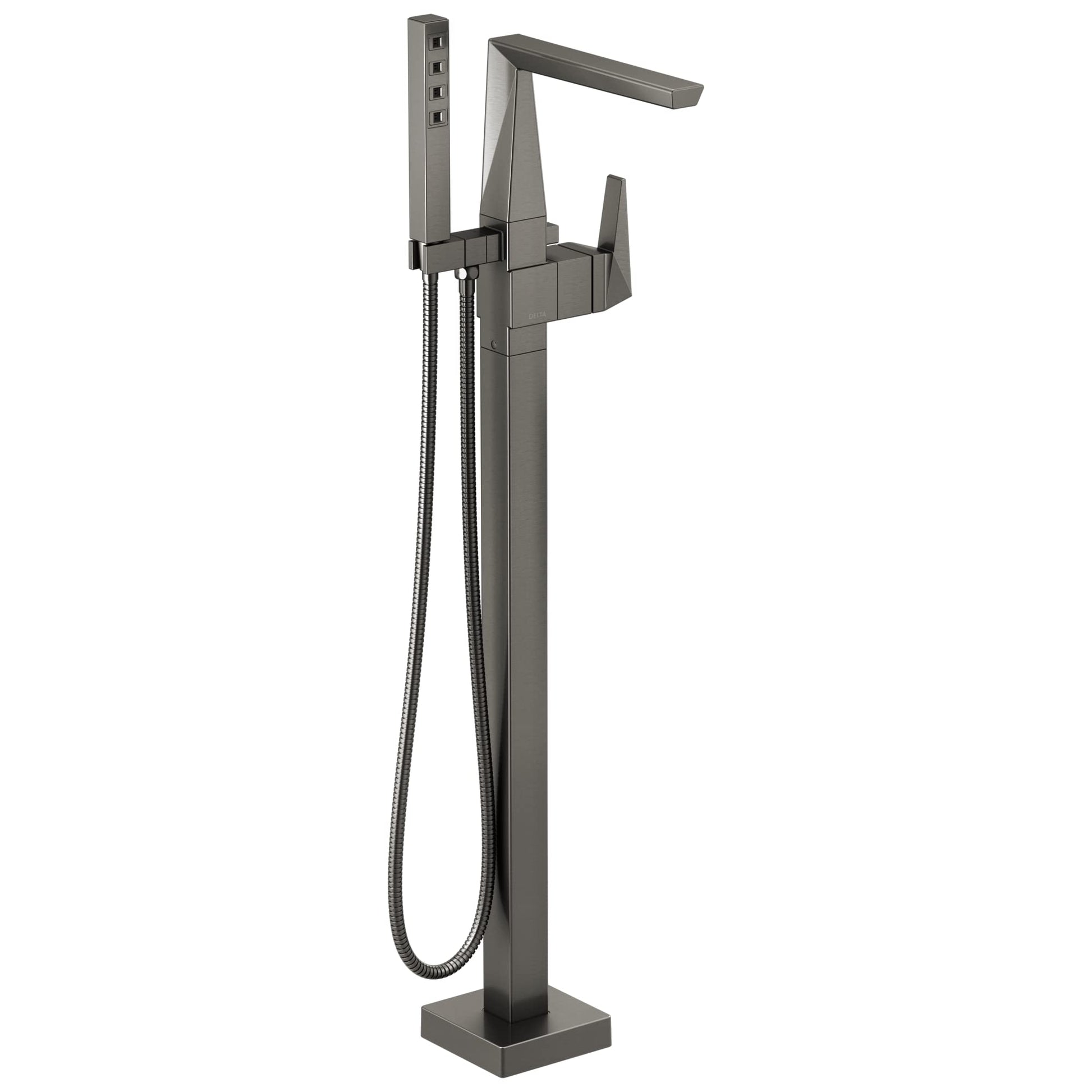 Gunmetal gray floor-mount tub filler with single lever handle, curved spout, handheld showerhead, and flexible hose.