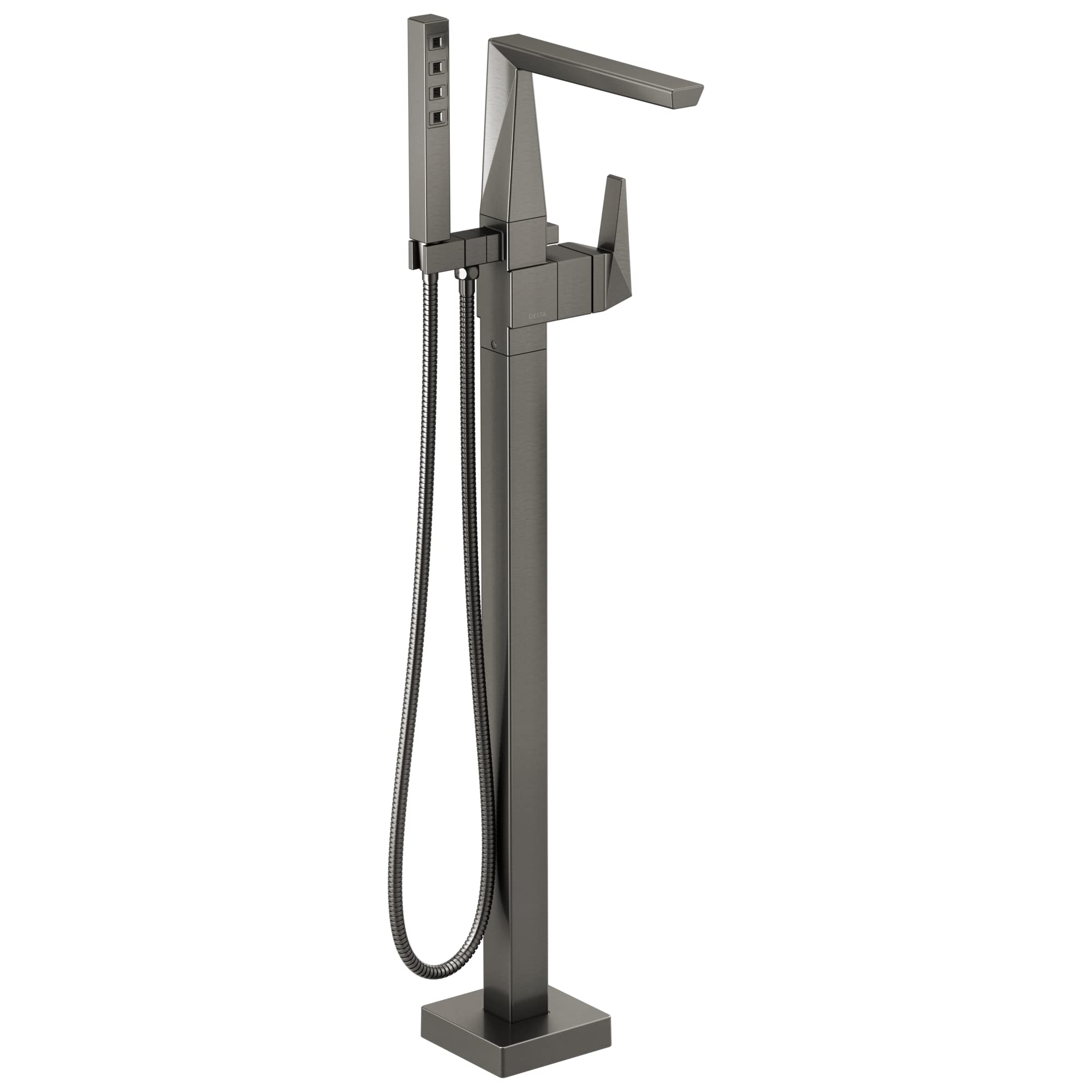 Gunmetal gray floor-mount tub filler with single lever handle, curved spout, handheld showerhead, and flexible hose.
