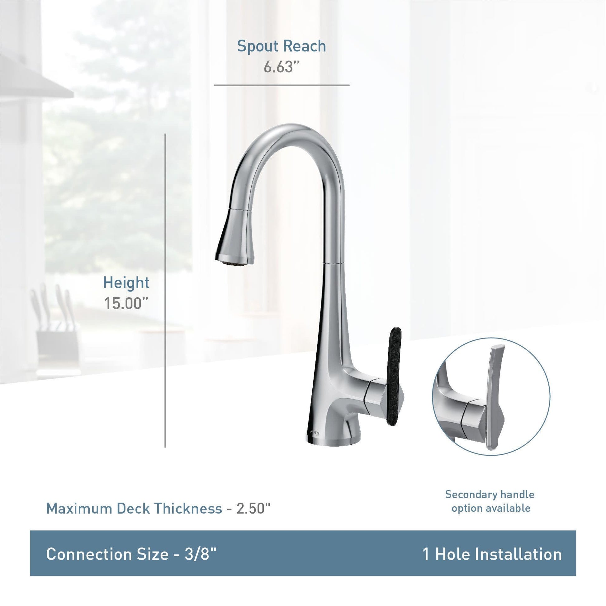 Chrome pull-down kitchen faucet with high arc spout, single handle, and black lever, 15 inches tall.