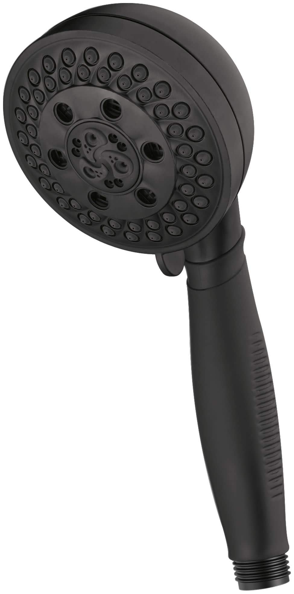 Black hand shower head with multiple spray holes and textured grip handle, viewed from the side.