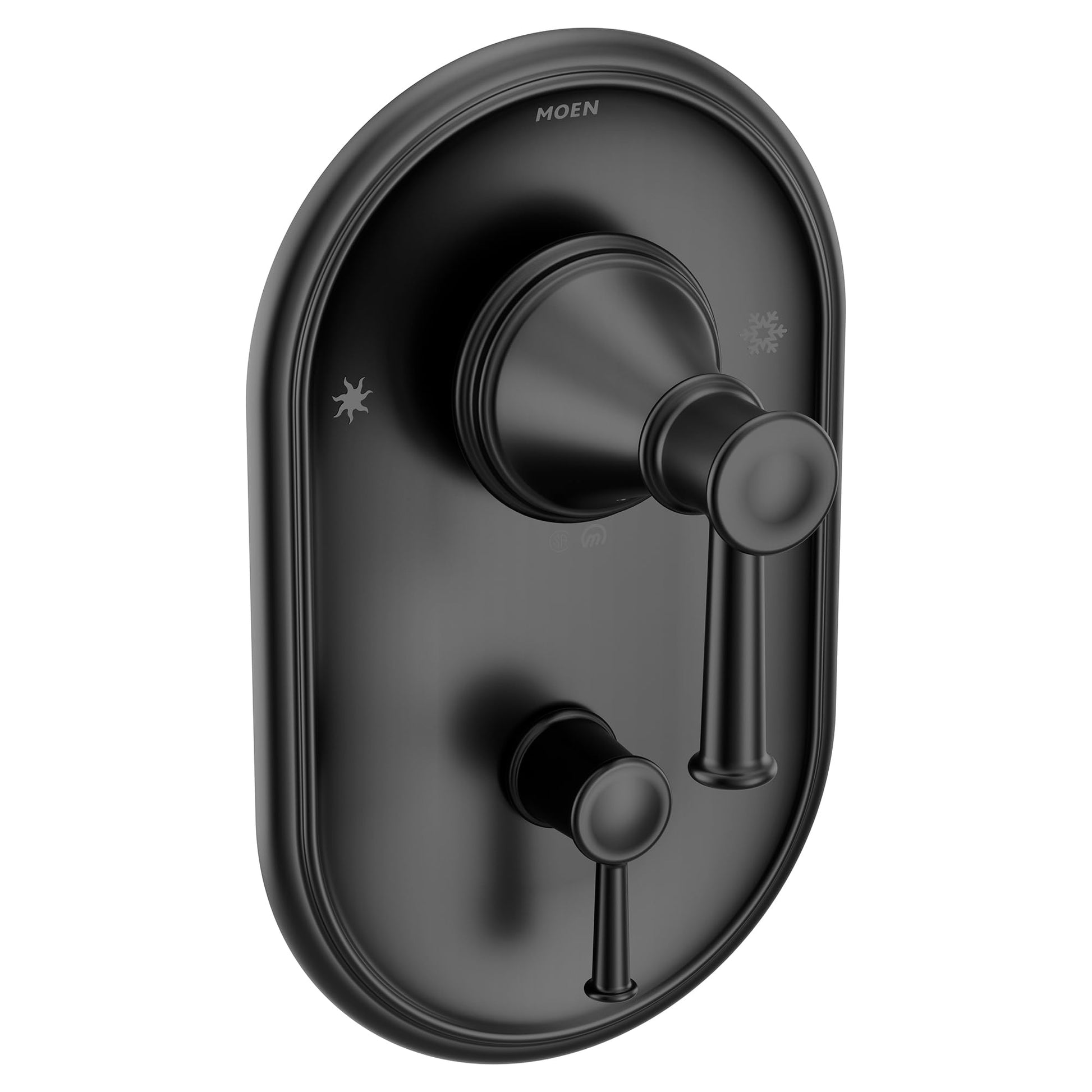 Matte black oval shower trim with dual handles and central diverter valve control.