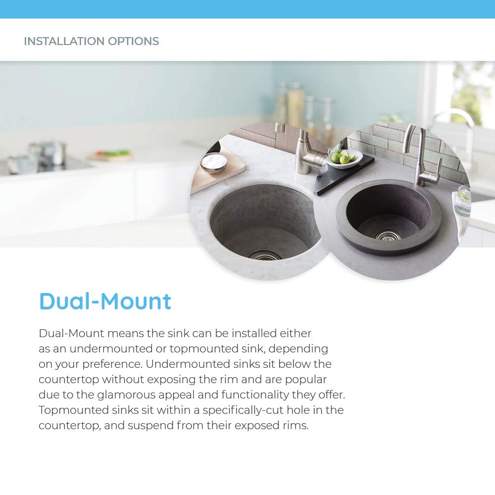 Ash-colored dual bowl bar sink with round basins and chrome faucet, shown installed in white countertop.