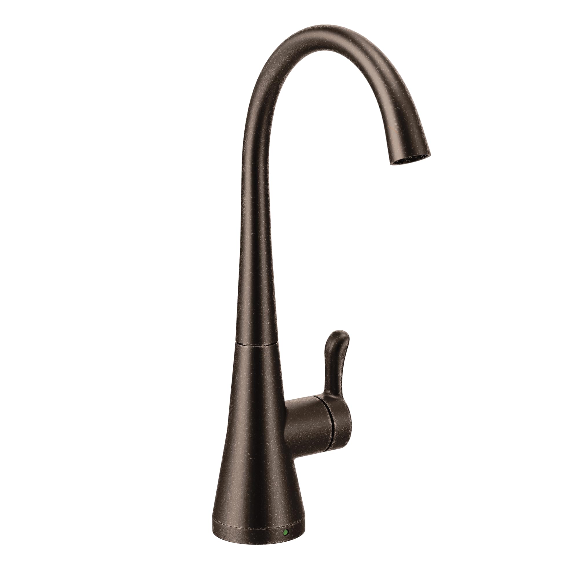 Oil rubbed bronze kitchen beverage faucet with curved spout and single lever handle.