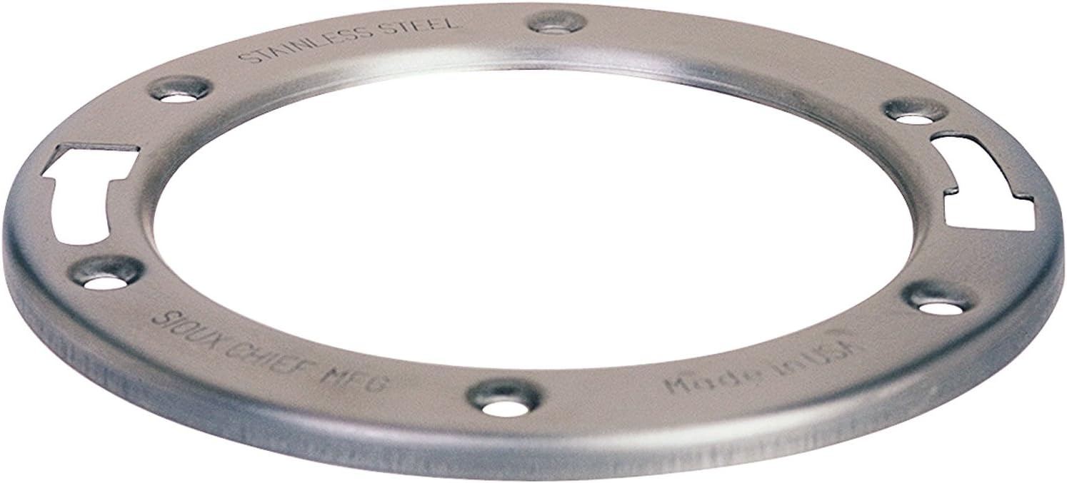 Stainless steel closet flange ring with eight mounting holes and two notched cutouts on opposite sides.