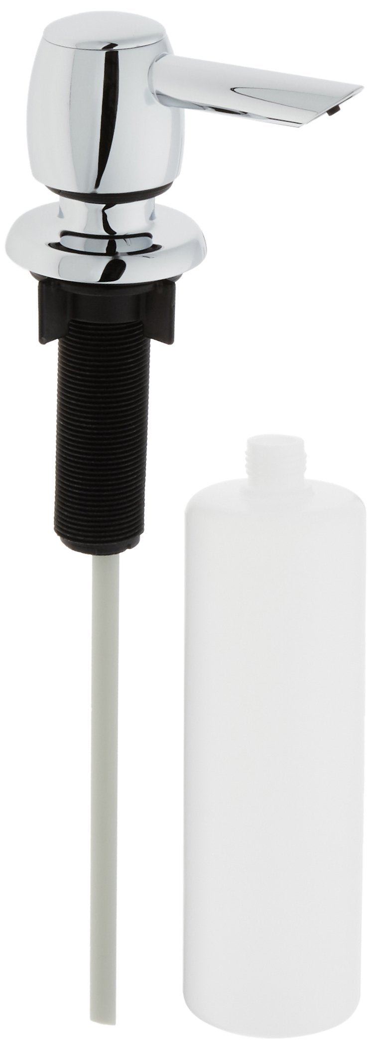 Chrome soap and lotion dispenser with lever spout and refillable white bottle with intake tube.