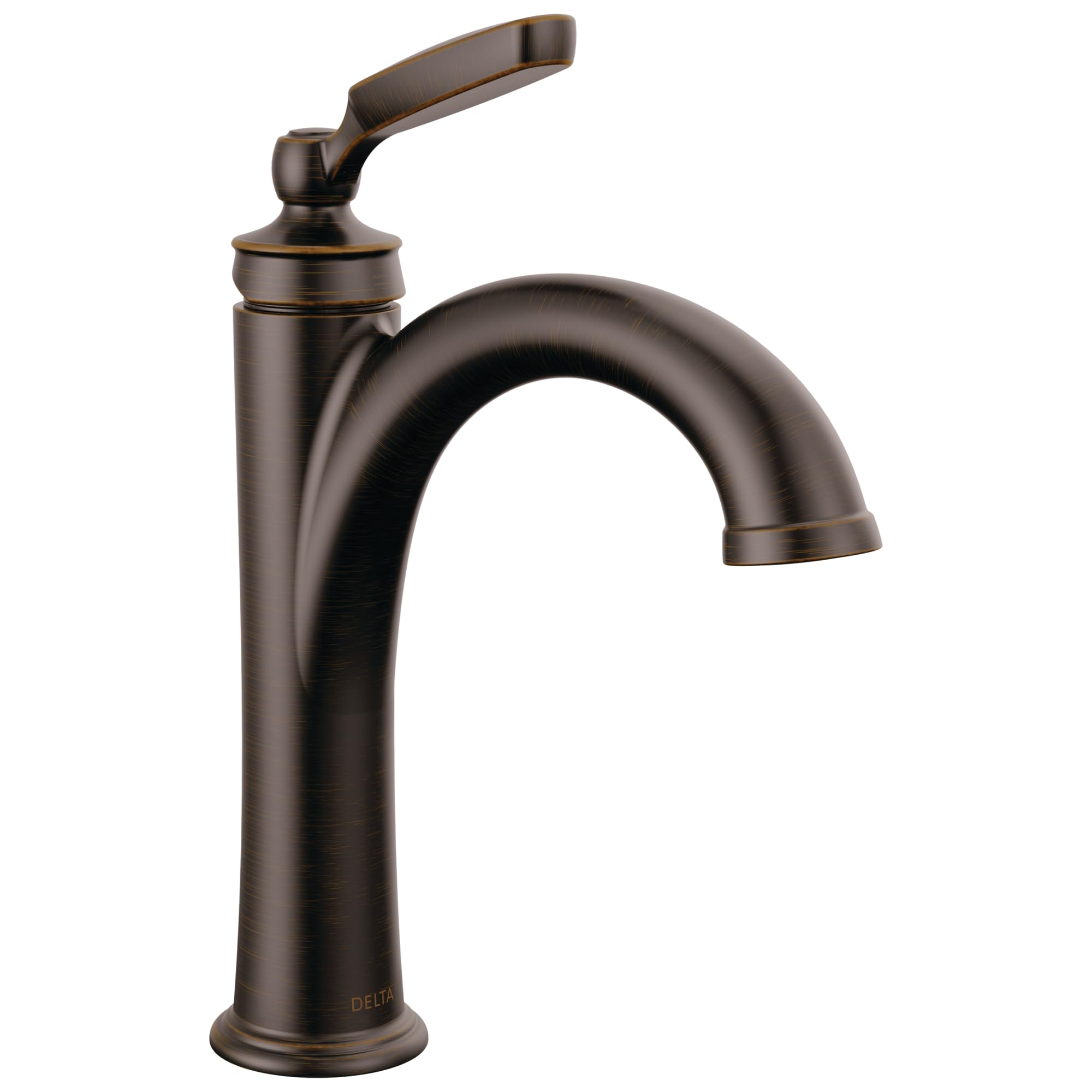 Single-handle bathroom faucet in oil-rubbed bronze finish with curved spout and lever handle.