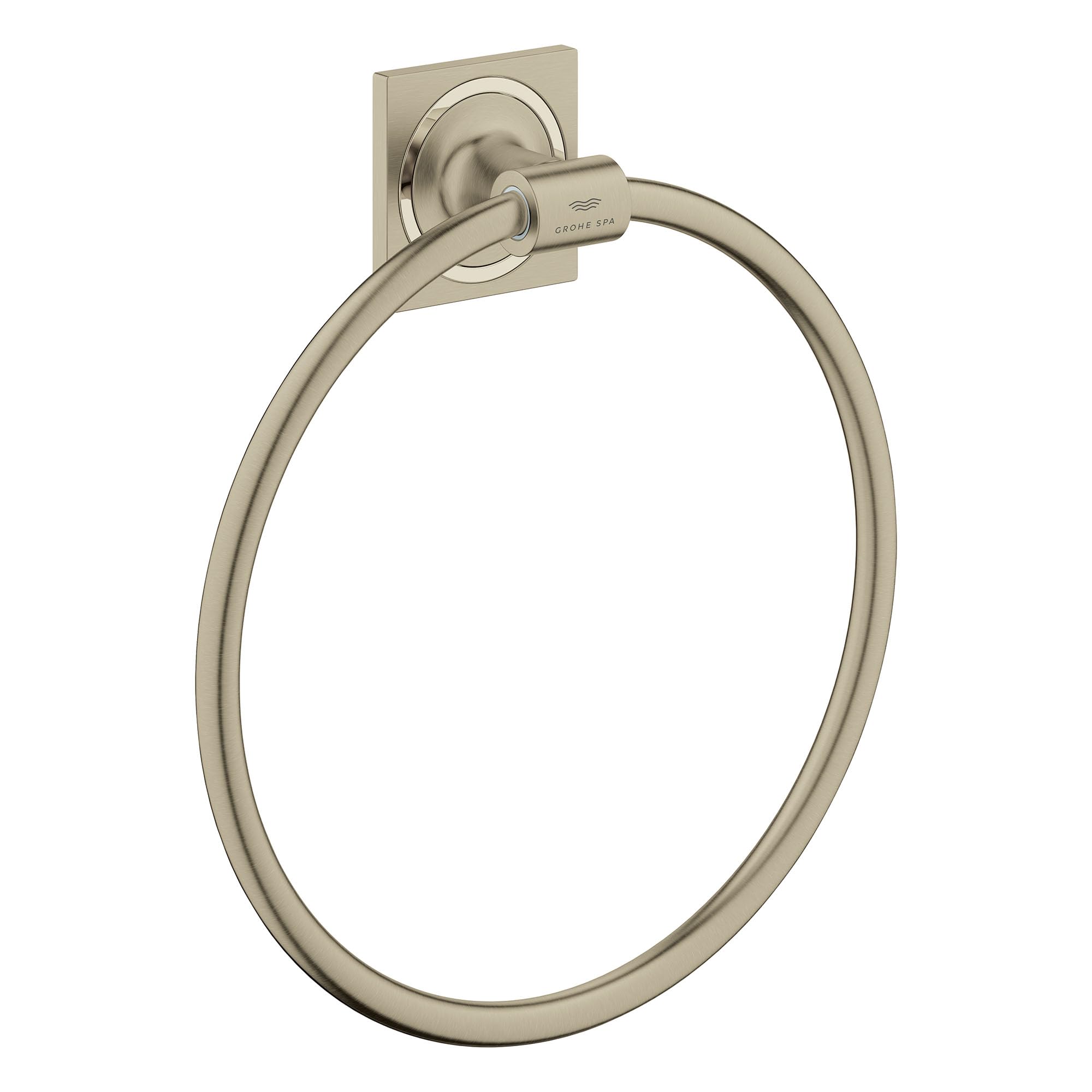 Brushed nickel circular towel ring with square mounting plate and curved arm connector.