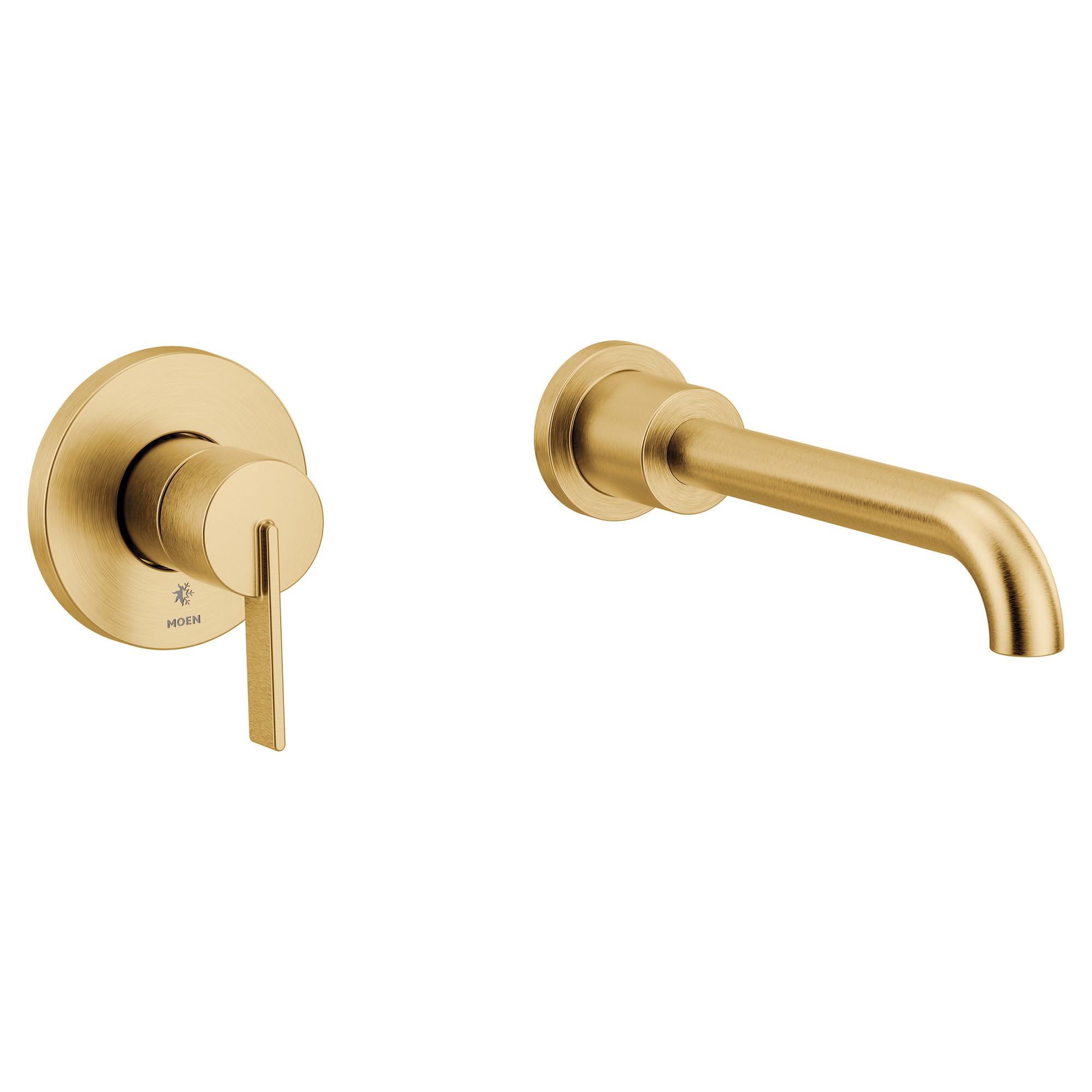 Brushed gold wall-mounted tub faucet with single lever handle and curved spout.