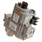 Honeywell VR8200A2132 standing pilot gas valve with red and black control knobs, warning label, and threaded ports.