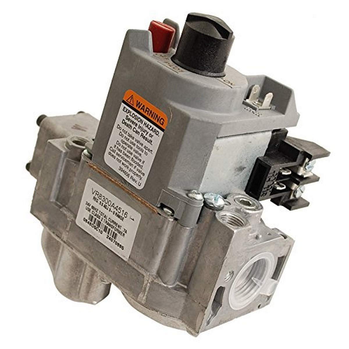 Honeywell VR8200A2132 standing pilot gas valve with red and black control knobs, warning label, and threaded ports.