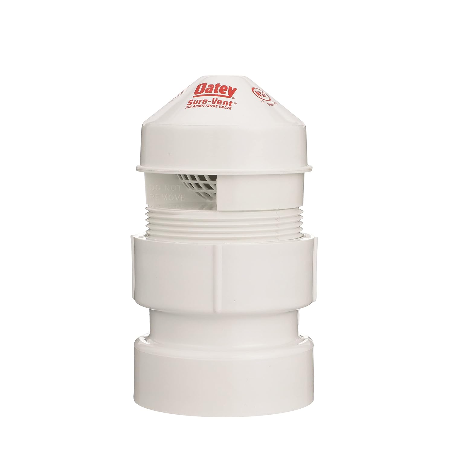 White plastic Oatey Sure-Vent air admittance valve with threaded middle section and domed top cap.