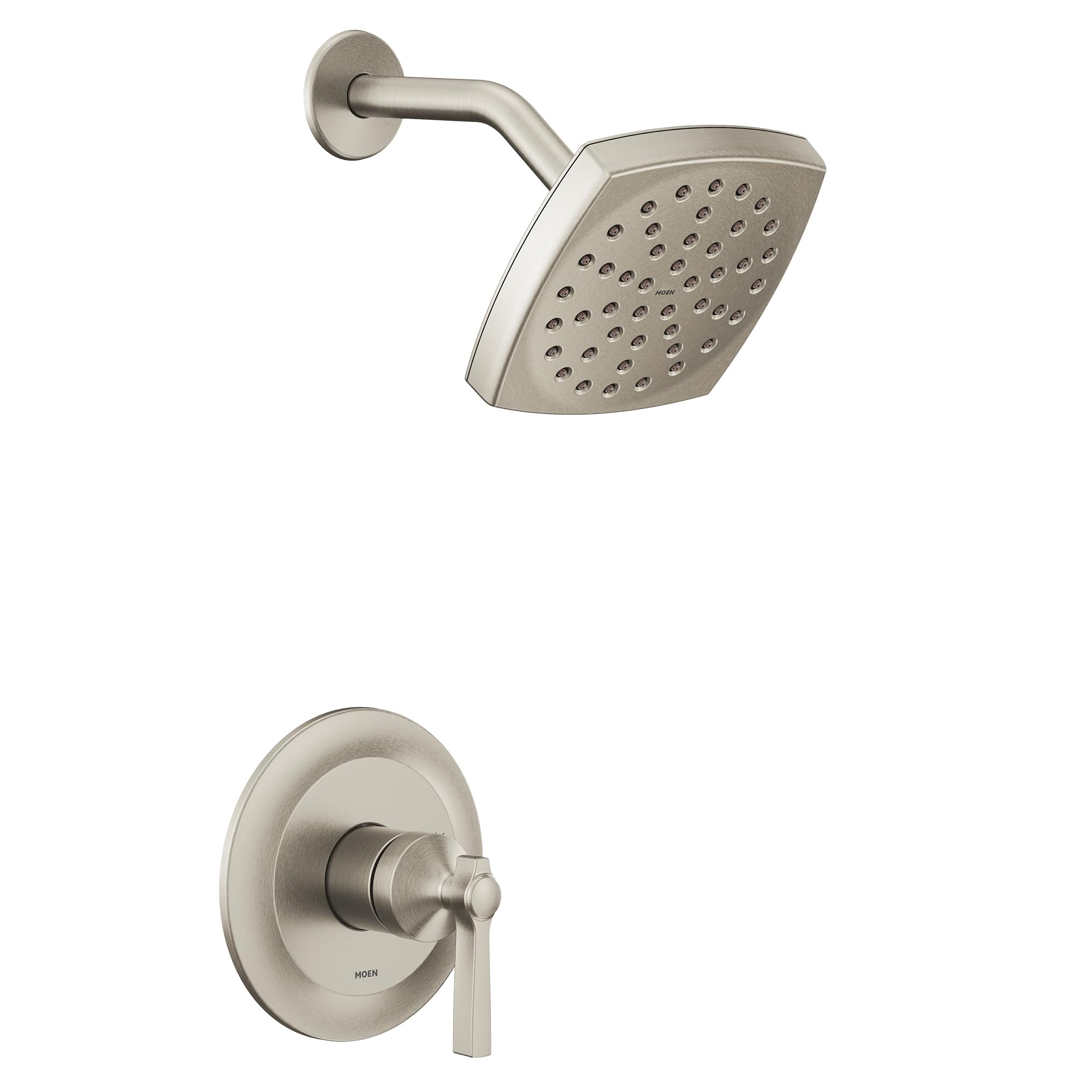 Brushed nickel shower trim kit with single lever handle, square showerhead with perforations, and curved arm.