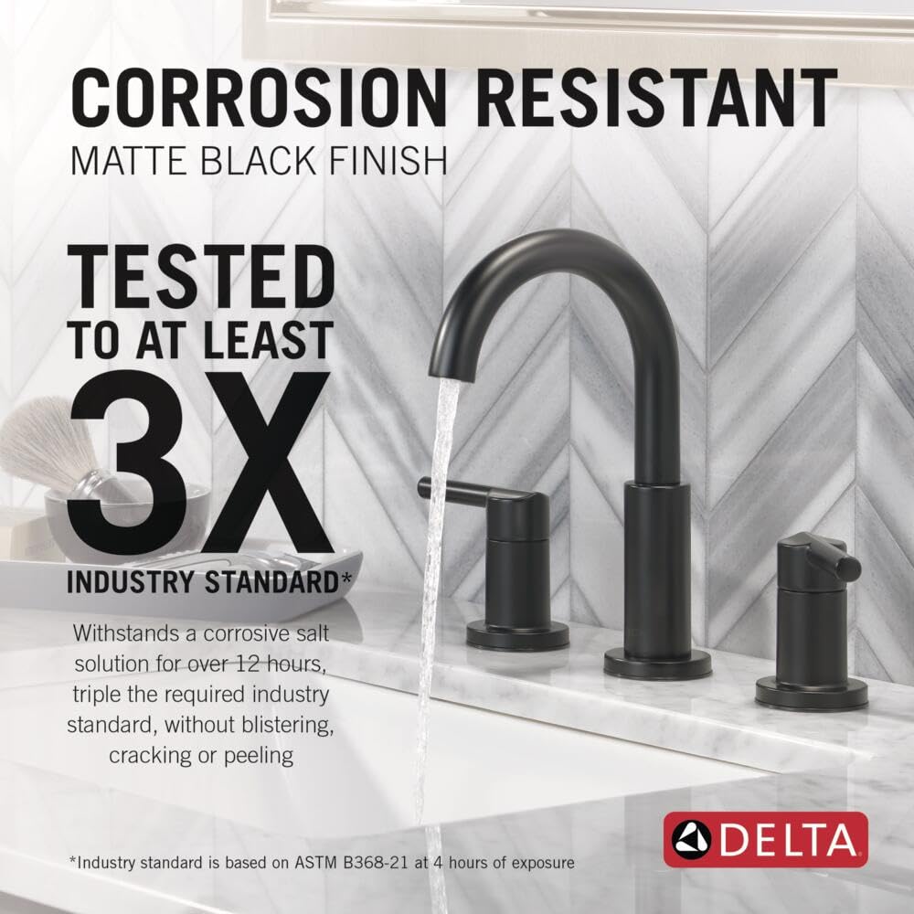Matte black two-handle widespread bathroom faucet with curved spout installed on white sink with water running.