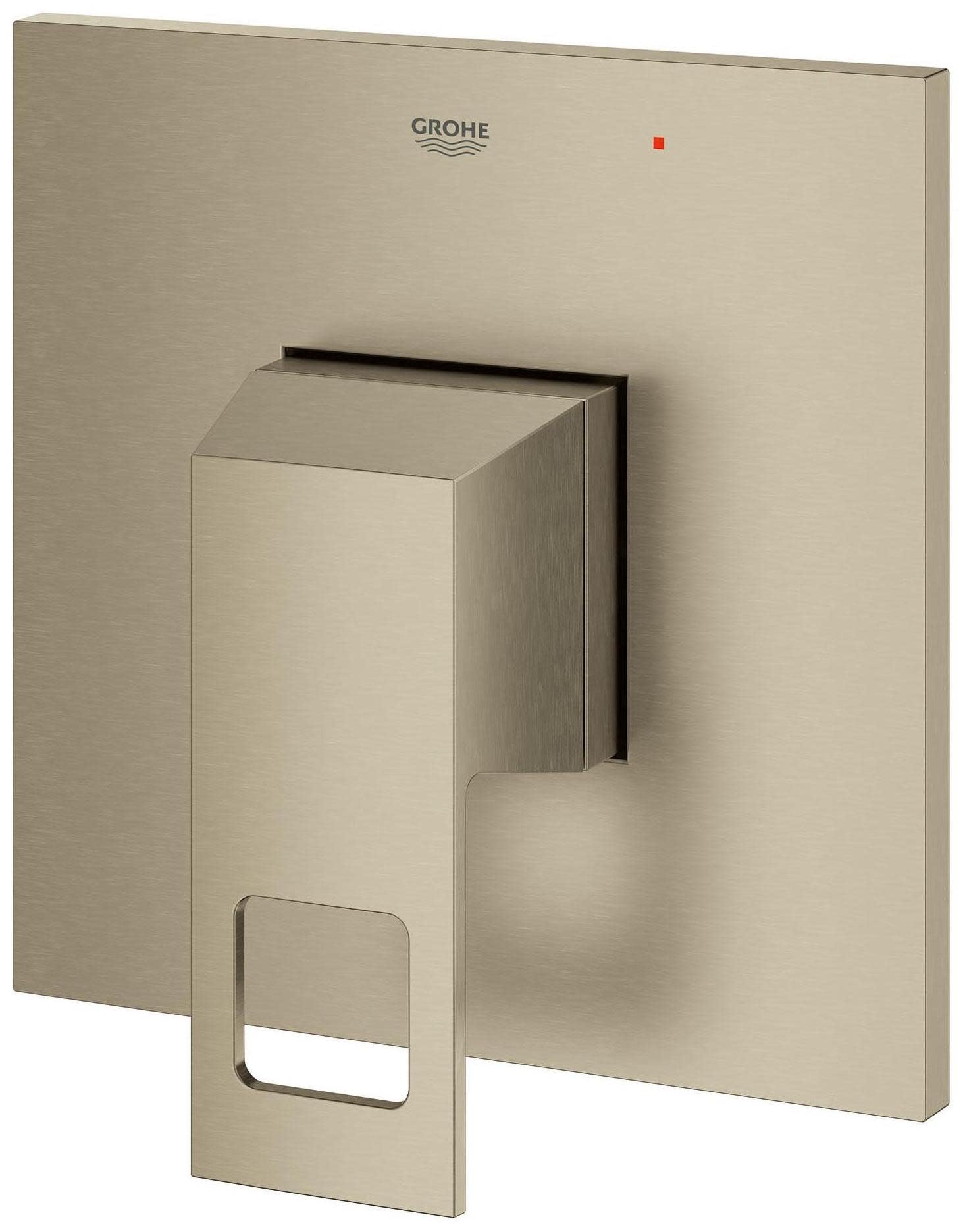 Grohe Eurocube matte black pressure balance valve trim with square handle and red indicator dot on escutcheon plate.