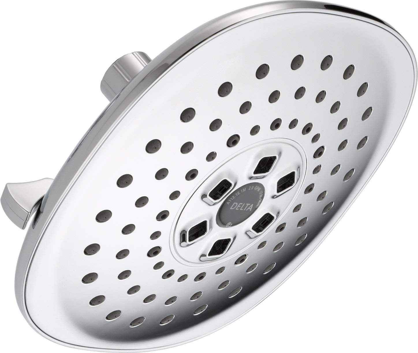 Chrome and white raincan shower head with multiple spray holes and centered dial control for spray settings.