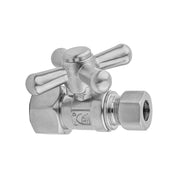 Unlacquered brass supply valve with cross handle and straight outlet connection.