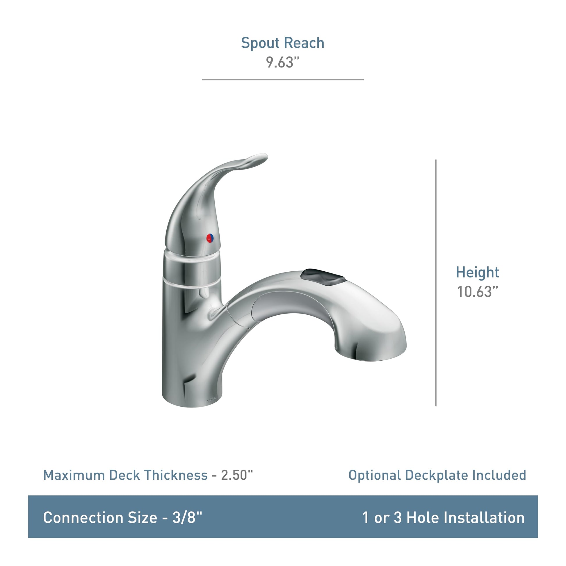 Chrome single-handle kitchen faucet with curved pull-down spout and specification details displayed.
