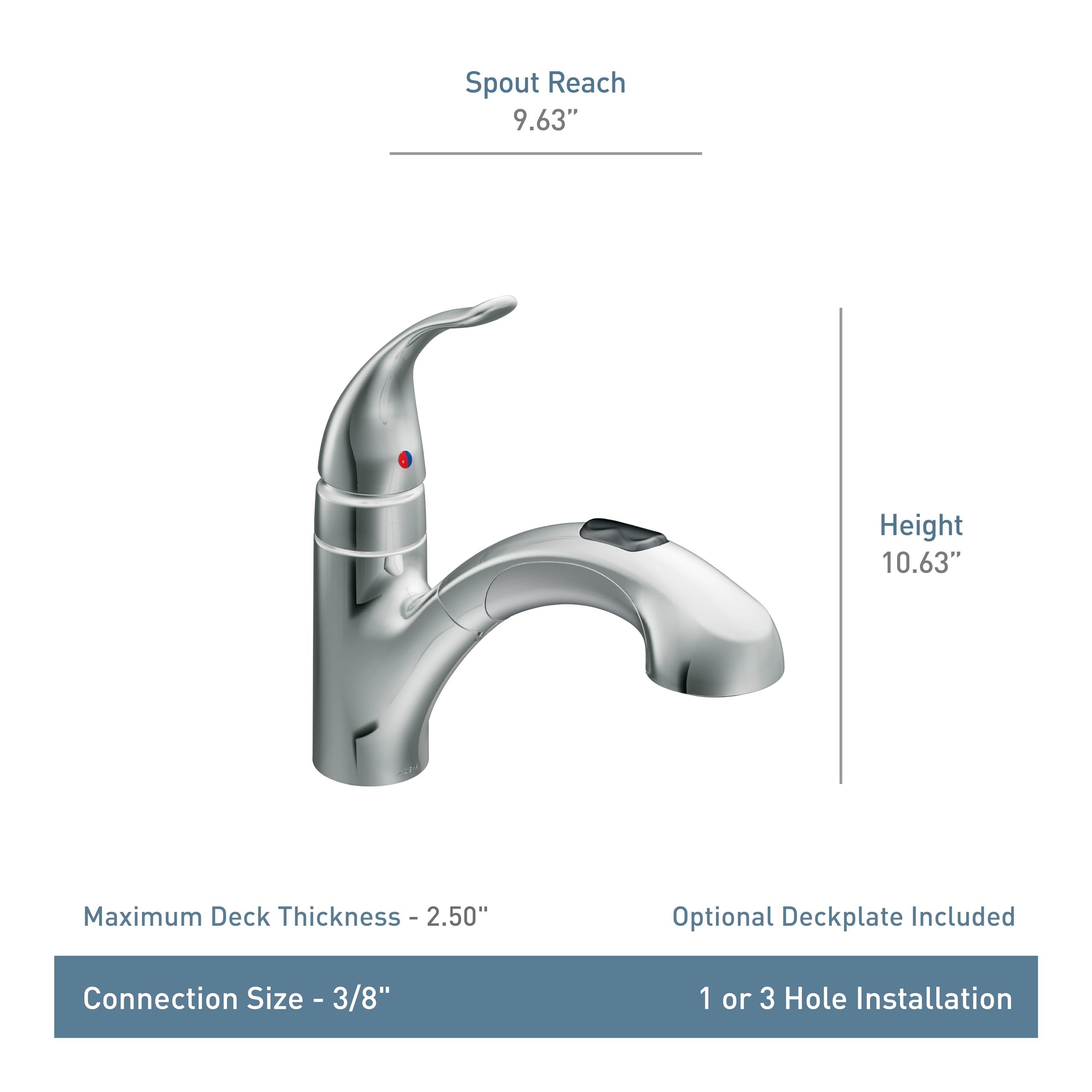 Chrome single-handle kitchen faucet with curved pull-down spout and specification details displayed.
