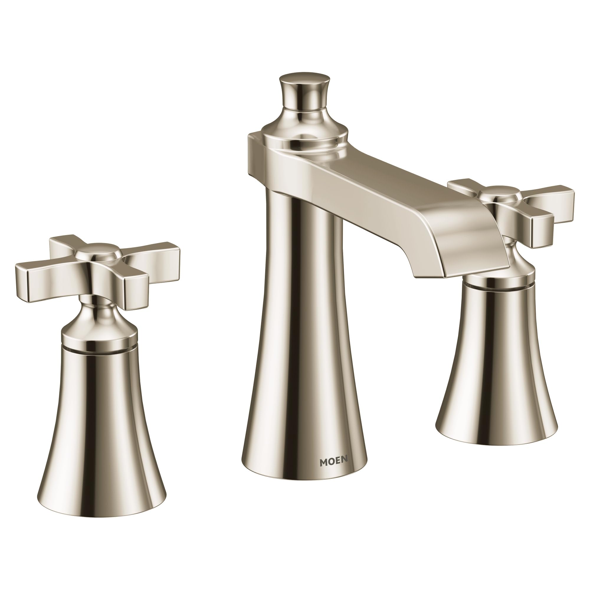 Polished nickel two-handle bathroom faucet with cross handles, curved spout, and cone-shaped bases.