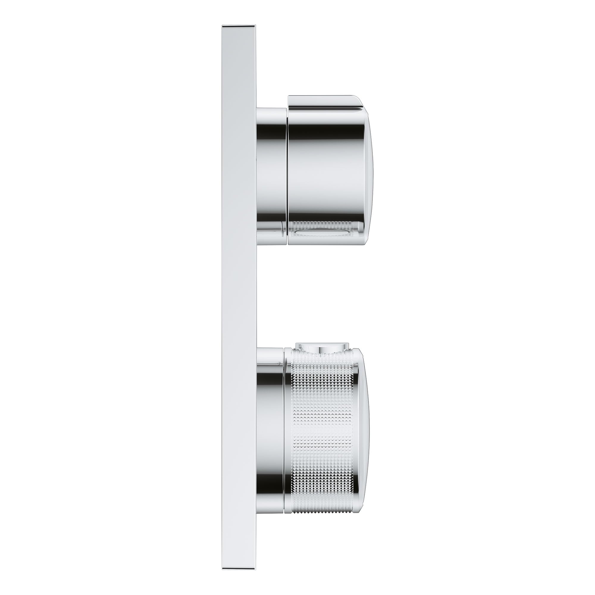 Grohe Allure thermostatic valve trim with two cylindrical chrome handles and brushed finish mounting plate.