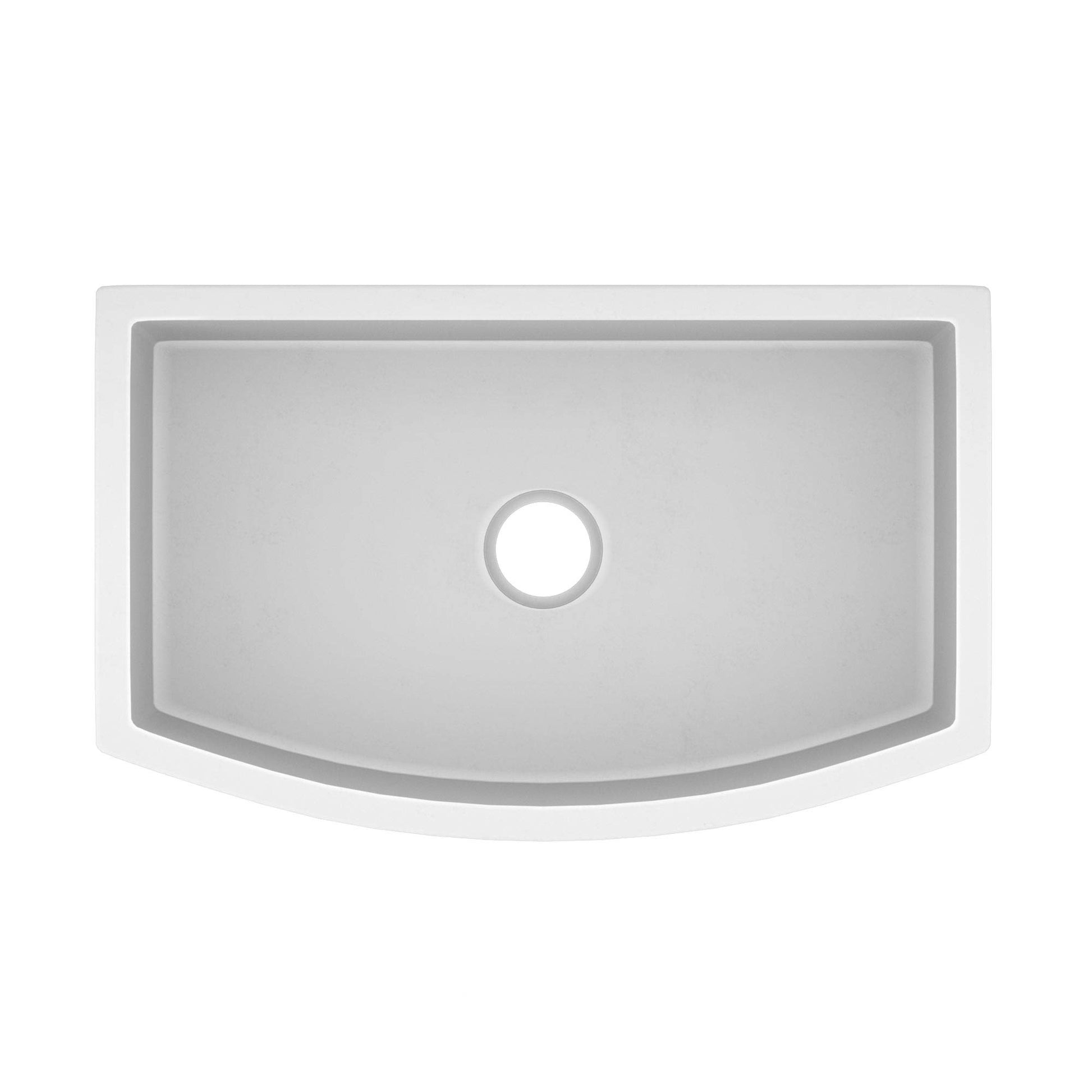 Pearl white farmhouse kitchen sink with single basin and curved apron front, shown from above.