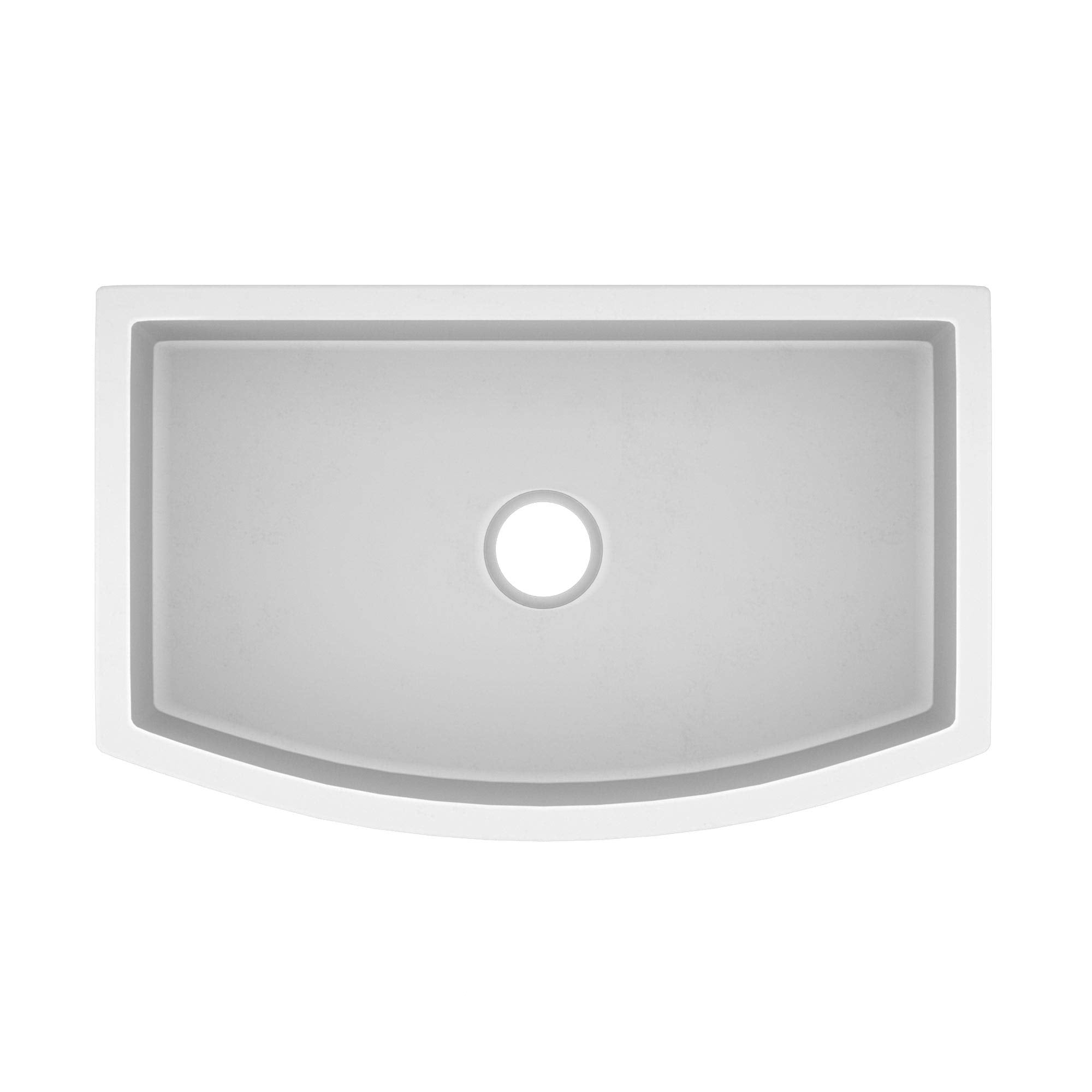 Pearl white farmhouse kitchen sink with single basin and curved apron front, shown from above.