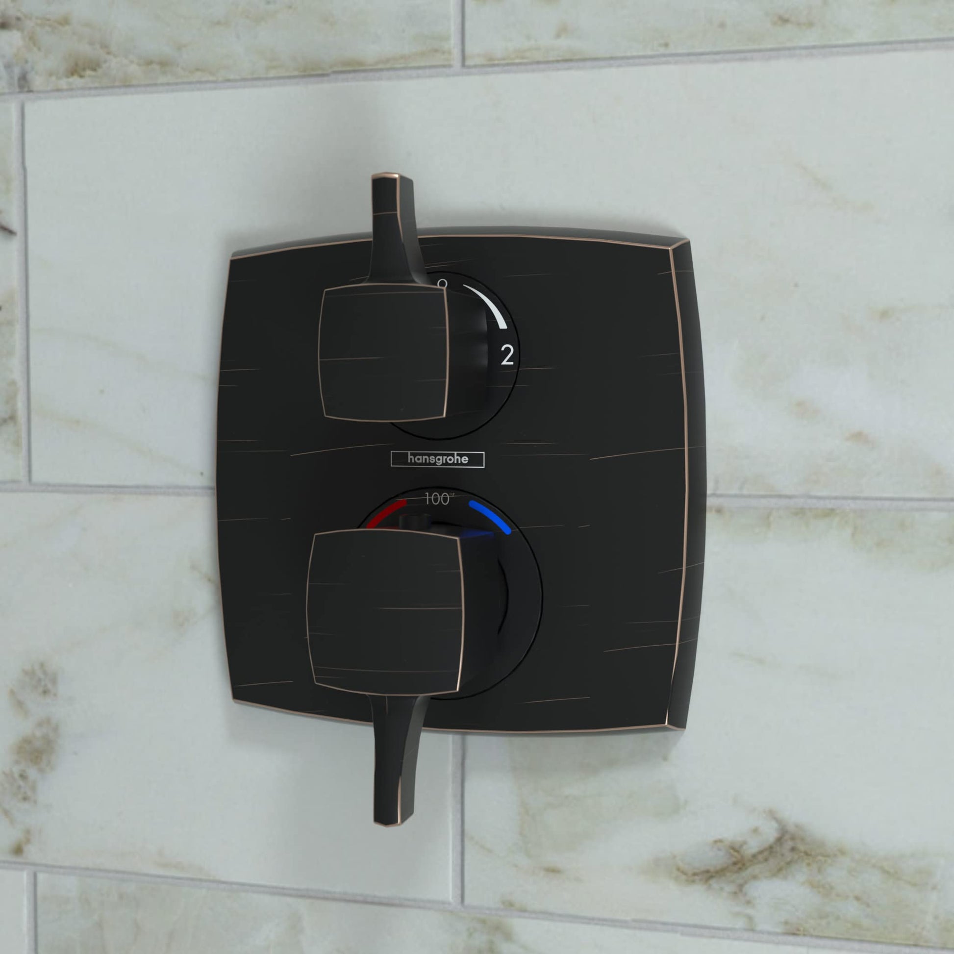 Square rubbed bronze thermostatic trim with upper volume control lever, lower temperature dial with red and blue indicators, 