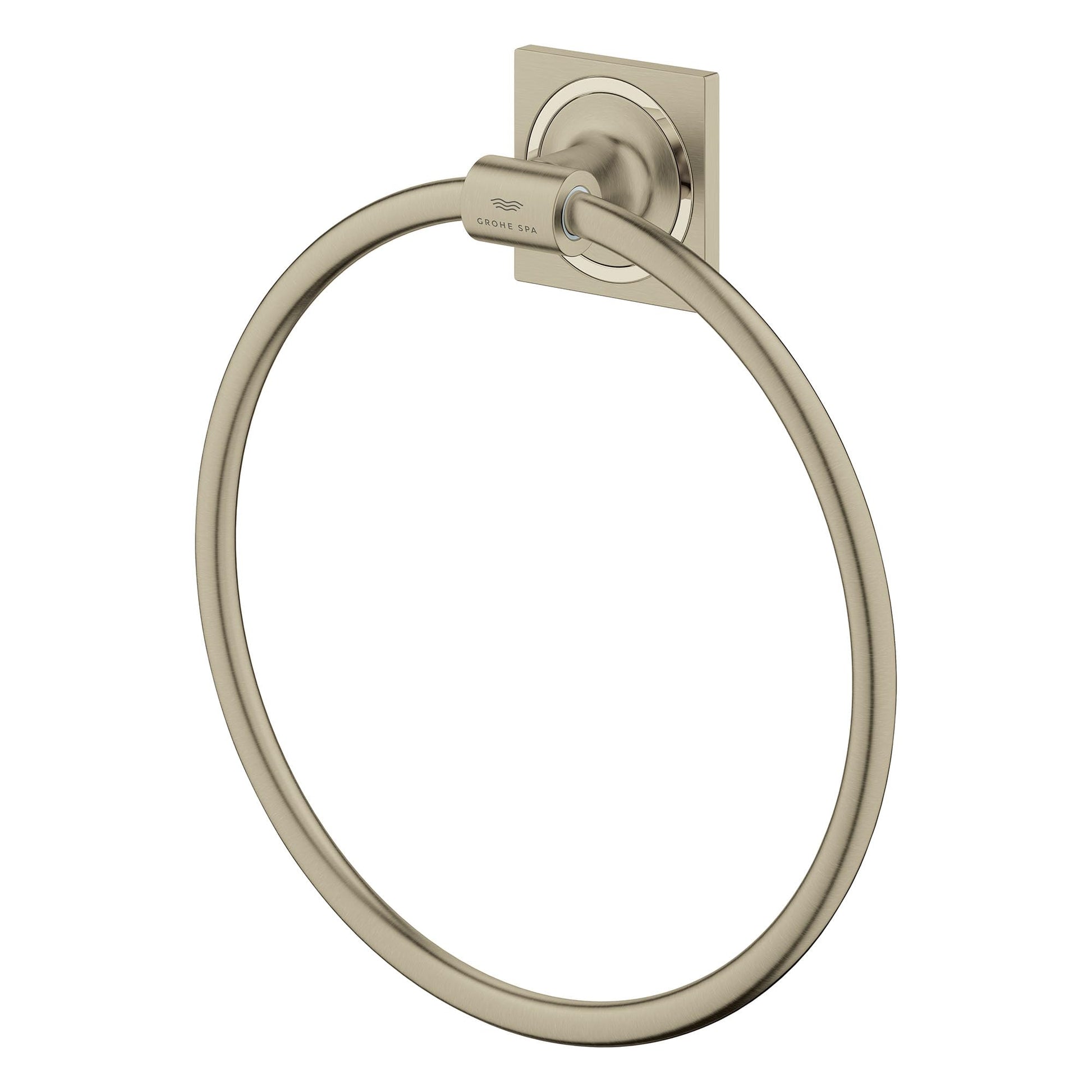 Brushed nickel circular towel ring mounted on square wall plate with Grohe branding.